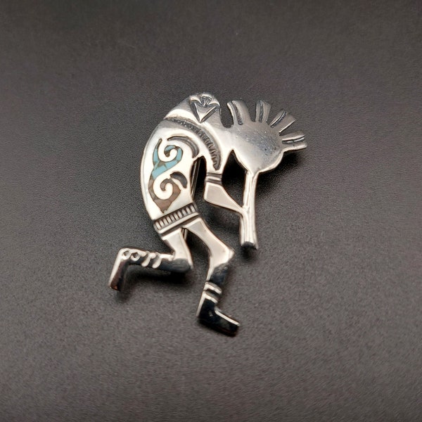 Sterling silver kokopelli brooch, Navajo handmade pin, signed RJ, turquoise and jasper details