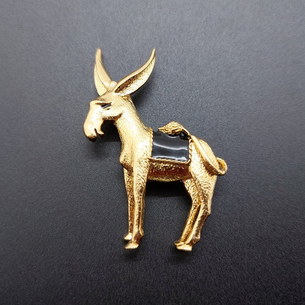 Vintage D'Orlan donkey brooch, gold tone and black enamel