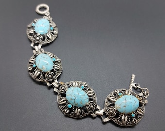 Vintage chunky bracelet, Southwest style, silver tone and faux larimar, floral design