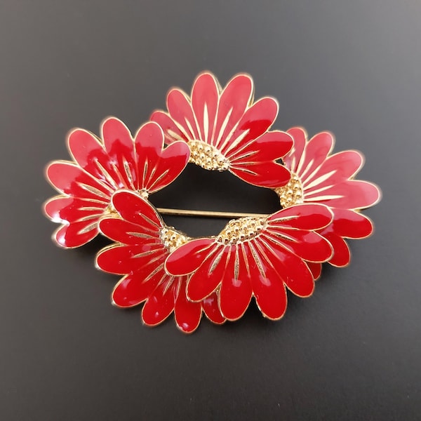Large Orena Paris brooch, gold tone and red enamel floral design, made in France