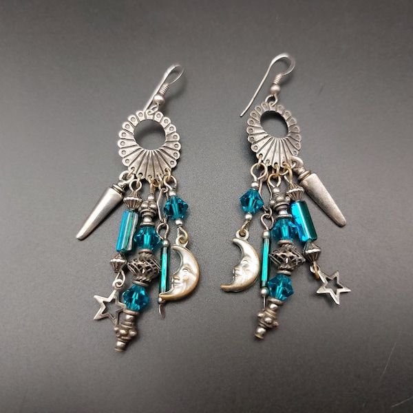 Quoc Turquoise sterling silver earrings, moon and star dangle, Navajo jewelry
