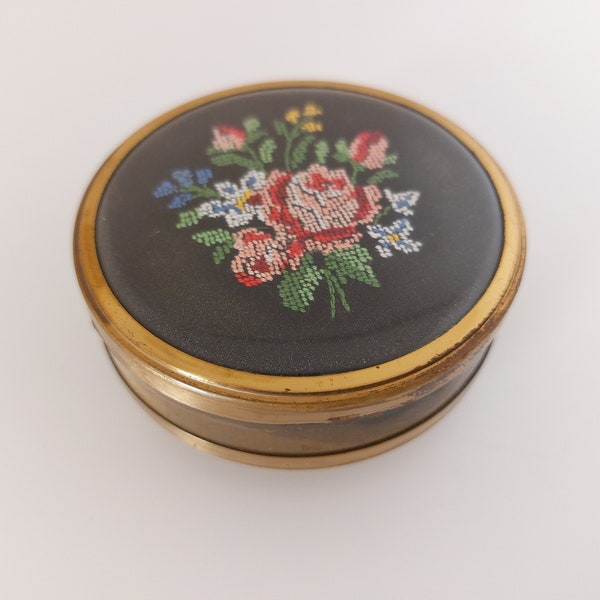 1950s Margaret Rose trinket box, brass jewelry box, floral petitpoint lid, made in England