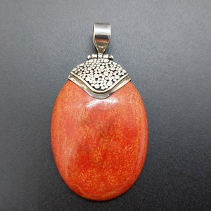 Large vintage red coral sterling silver pendant, oval shape, embellished top, boho style