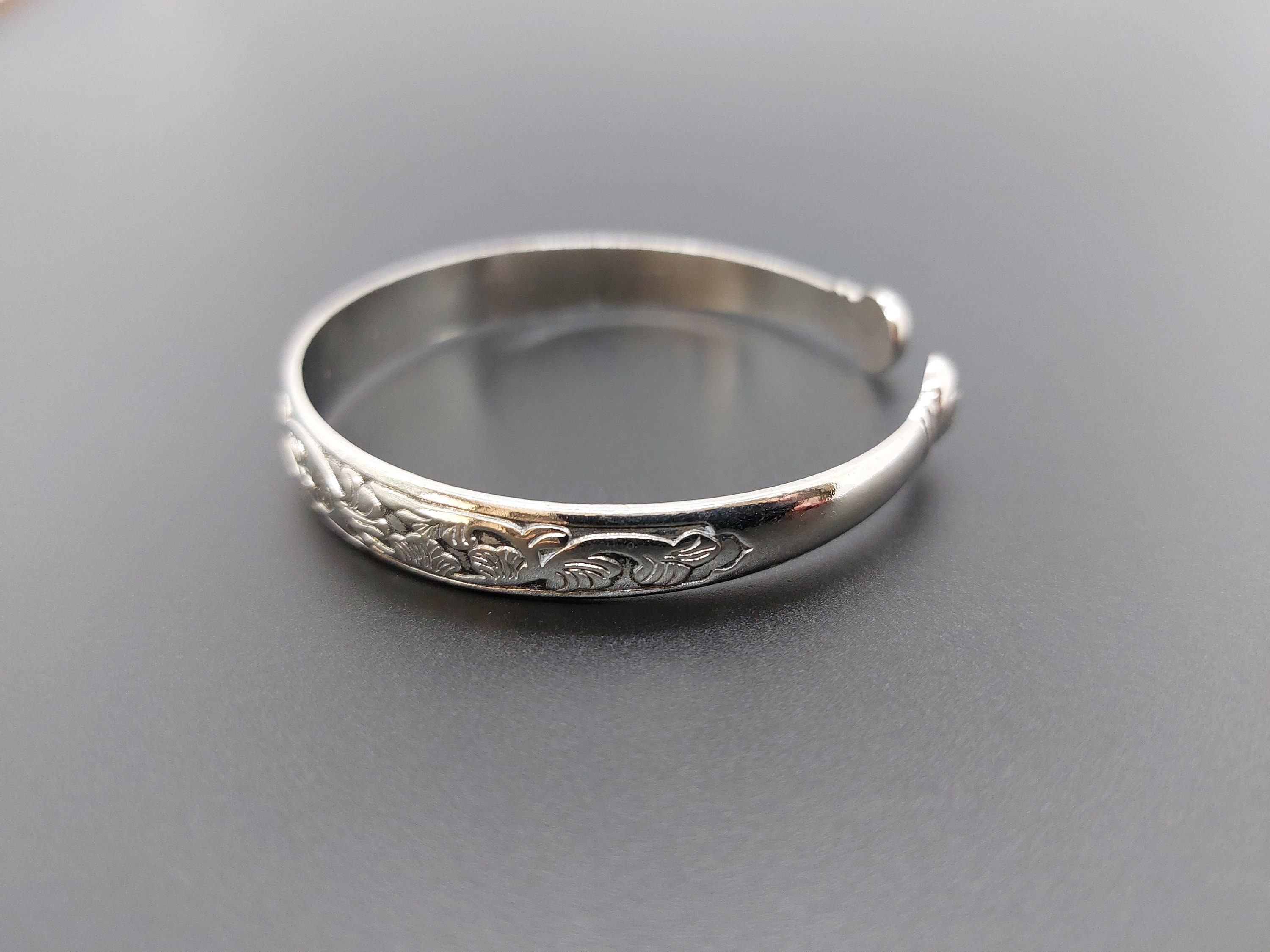 Vintage Asian Open Bangle Bracelet, Silver Tone With Floral