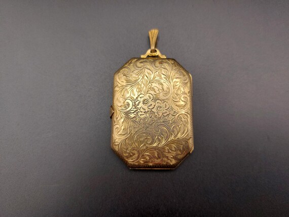 large gold filled locket, rectangular with cut of… - image 1