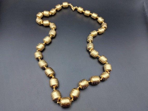 Monet Gold Tone Necklace, Textured Large Barrel Beads on Chain, 29