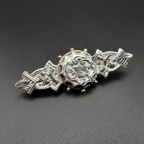 Victorian sterling silver brooch, 1894 Birmingham England B&W, bar style pin with etched floral design