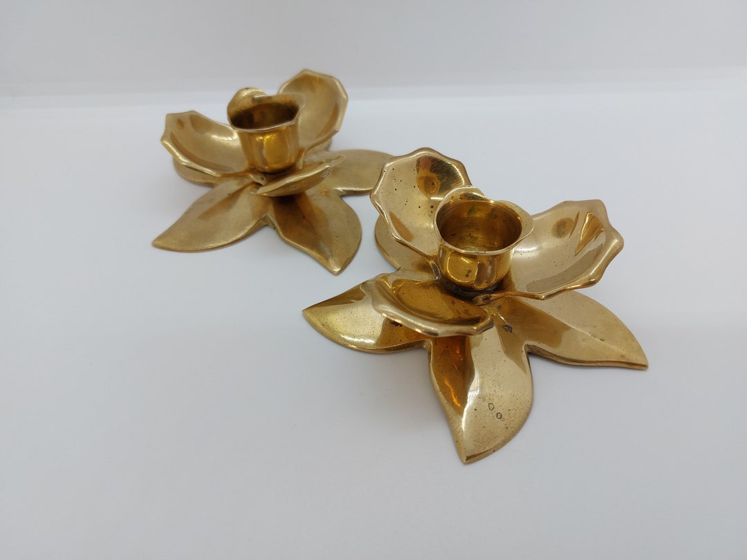 Pair Vintage Brass Flower Candle Holders 3D Floral Design Etsy