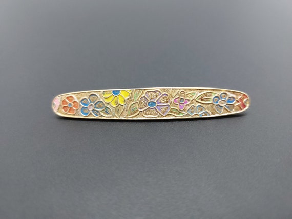 Antique brass floral brooch, brass and enamel pin… - image 1