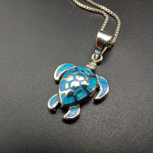 Small sterling silver sea turtle pendant, blue lab opal inlay, made in Mexico, on 16" 925 box chain