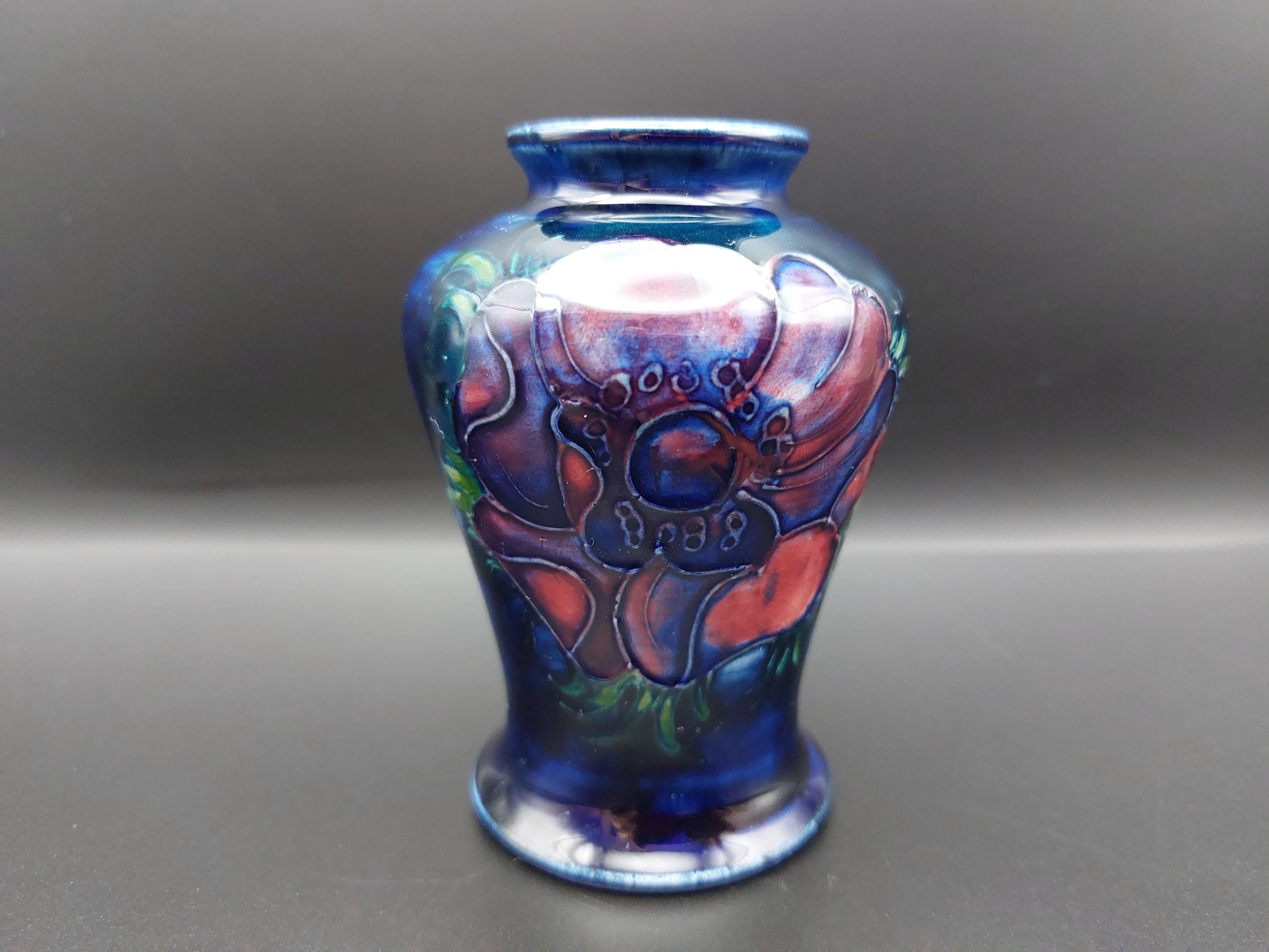Moorcroft Small Anemone Base, Cobalt Blue With Pink Flowers