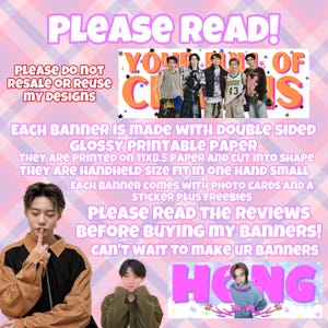 以下が含まれることがあります： ピンクと白の横断幕に、「PLEASE READ!」「YOUR  OF  CHS」というピンクと白のフォントで書かれた文字が書かれています。横断幕には、人々のグループの写真も含まれています。「EACH BANNER IS MADE WITH DOUBLE SIDED GLOSSY PRINTABLE PAPER THEY ARE PRINTED ON 11X8.5 PAPER AND CUT INTO SHAPE THEY ARE HANDHELD SIZE FIT IN ONE HAND SMALL EACH BANNER COMES WITH PHOTO CARDS AND A STICKER PLUS FREEBIES PLEASE READ THE REVIEWS BEFORE BUYING MY BANNERS! CAN'T WAIT TO MAKE UR BANNERS」というテキストも横断幕に含まれています。