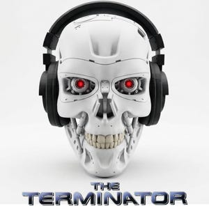 May include: A white robotic skull with red glowing eyes and a set of black headphones. The skull has a detailed mechanical design and a row of teeth. The text "THE TERMINATOR" is displayed in a metallic blue font at the bottom.