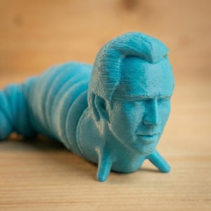 May include: A turquoise 3D-printed sculpture of a caterpillar with a human face. The caterpillar's body is segmented, and the face has detailed features. The sculpture is resting on a wooden surface.
