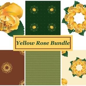 Könnte beinhalten: Ein digitales Bundle mit gelben Rosenmustern und -designs. Das Bundle enthält eine einzelne gelbe Rose, einen Kranz aus gelben Rosen und zwei nahtlose Muster mit gelben Rosen auf grünem Hintergrund.