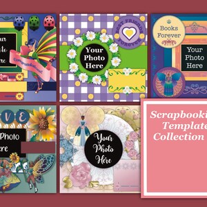 Puede incluir: Un conjunto de seis plantillas de scrapbooking con varios diseños con temas florales, de mariposas y de hadas. Cada plantilla incluye un espacio para una foto y texto. Las plantillas están etiquetadas como "Scrapbooking Template Collection #1".