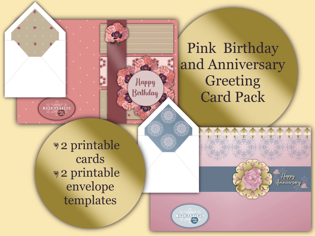 Pink Birthday and Anniversary Printable Greeting Cards With Matching ...