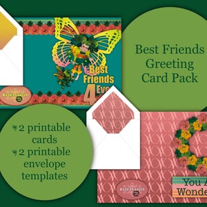 Tarjetas de felicitación imprimibles de Best Friends 4 con plantillas de sobres a juego con un hada y un dragón en rosa, naranja, amarillo y verde