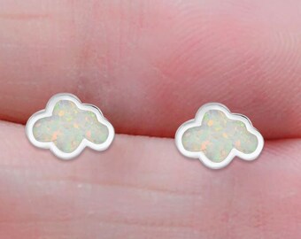 7 mm Blue and White Lab Opal Earrings 925 Sterling Silver Trendy Fashion Wedding Bridal Gift Stud Opal Earrings New Design - Cloud