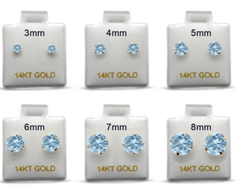 14k Solid Gold Round 3mm 4mm 5mm 6mm 7mm 8mm Aquamarine March Earring Stud Post Earring Tiny Solitaire Gift 14k Gold White Gold Yellow Gold
