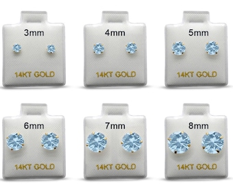 14k Solid Gold Aquamarine Stud Earrings, March Birthstone