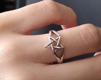 Antiqued Pentagram Star Trinity Ring - .925 Sterling Silver Band, Sizes 4-11 Available - View #2