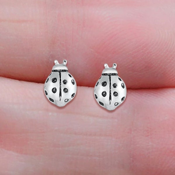 7 mm Tiny Sterling Silver Stud Post Earrings Second Hole Piercing Small - Ladybug