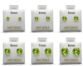 14k Solid Gold Round 3mm 4mm 5mm 6mm 7mm 8mm Peridot August Earring Stud Post Earring Tiny Solitaire Gift 14k Gold White & Yellow Gold