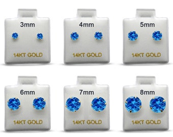 14k Solid Gold Round 3, 4, 5, 6, 7, 8mm Blue Topaz December Earring Stud Post Earring Tiny Solitaire Gift 14k Gold White & Yellow Gold