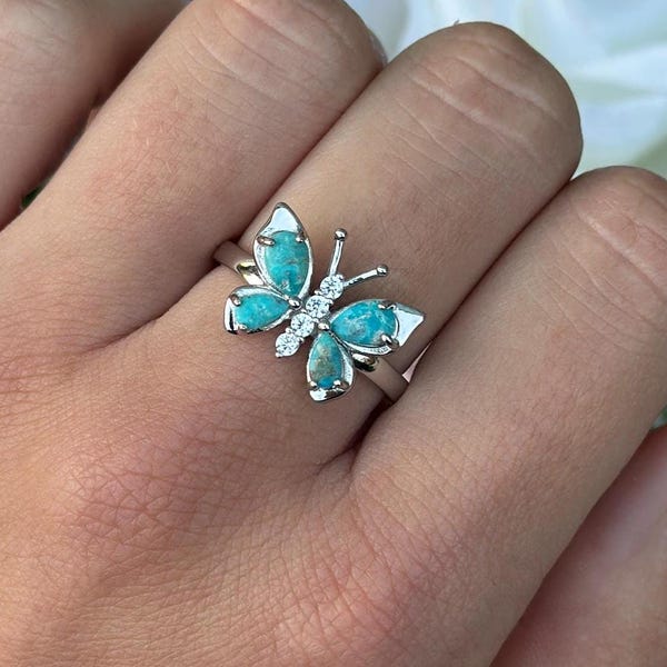 Minimalist Butterfly Band Ring Statement Round Natural Genuine Turquoise & Clear CZ 925 Sterling Silver 13.5 mm