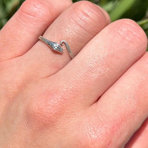 Könnte beinhalten: Ein silberner Schlangenring mit einem detaillierten Schlangenkopfdesign. Der Ring wird am Zeigefinger einer Hand getragen.