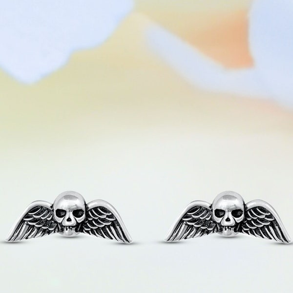 7 mm Tiny 925 Sterling Silver Stud Post Earrings Second Hole Piercing Small - Skull & Wings