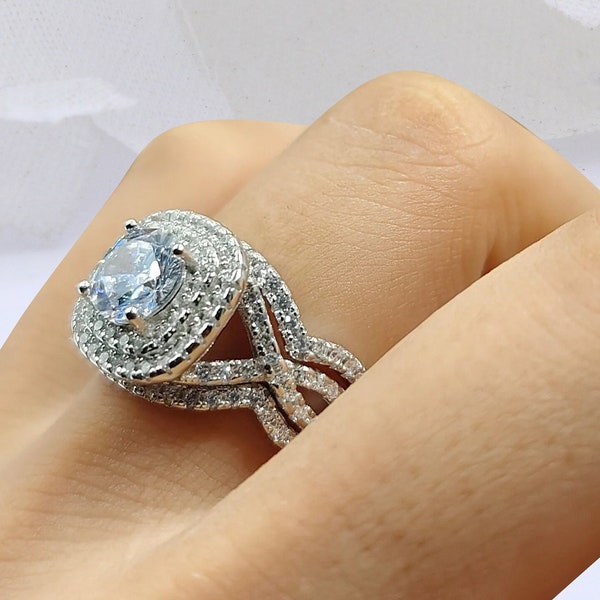 Trois Pièces Double Halo Ensemble De Mariée Infinity Bague De Fiançailles De Mariage 1.00 Carat Forme Ronde Anneau De Bande Simulé CZ 925 En Argent Sterling 13mm