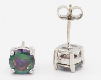 Round 3mm 4mm 5mm 6mm 7mm 8mm 9mm 10mm Rainbow Fire Topaz Stud Earring Solid 925 Sterling Silver Stud Post Earring Tiny Solitaire Gift