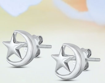 7 mm Tiny Sterling Silver Stud Post Earrings Second Hole Piercing Small - Moon and Star
