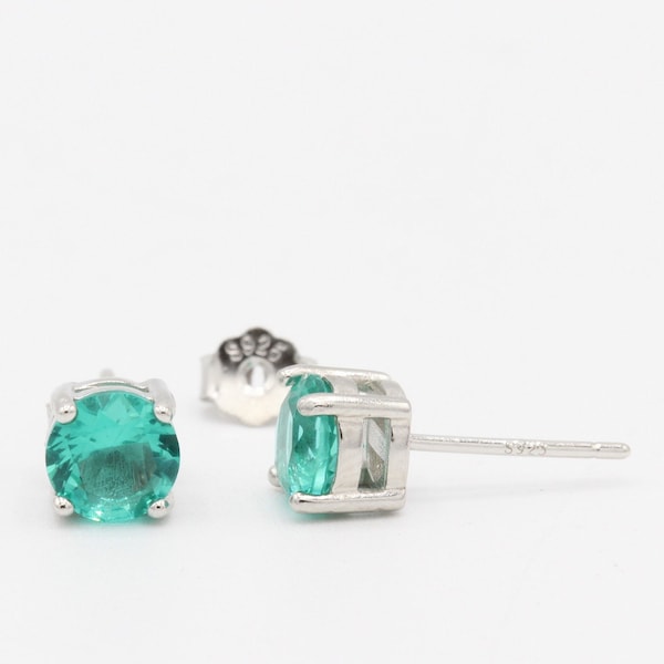 Round 3mm 4mm 5mm 6mm 7mm 8mm 9mm 10mm Paraiba Tourmaline CZ Stud Earring Solid 925 Sterling Silver Stud Post Earring Tiny Solitaire Gift