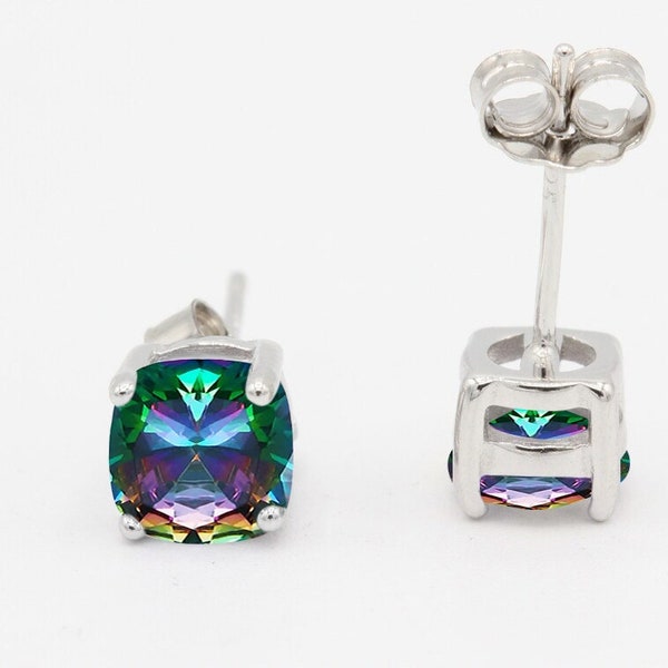 Cushion 3mm 4mm 5mm 6mm 7mm 8mm 9mm 10mm Rainbow Topaz Stud Earring Solid 925 Sterling Silver Stud Post Earring Tiny Solitaire Fire Gift