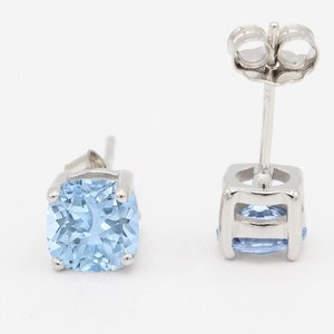 Cushion 4mm 5mm 6mm 7mm 8mm 9mm 10mm Aquamarine Stud Earring Solid 925 Sterling Silver Stud Post Earring Tiny Solitaire March Blue Gift