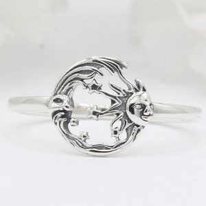 10mm Filigree Swirl Petite Dainty Moon and Sun Band Ring 925 Sterling Silver Oxidized Celtic Moon and Sun Shape Plain Thumb Ring