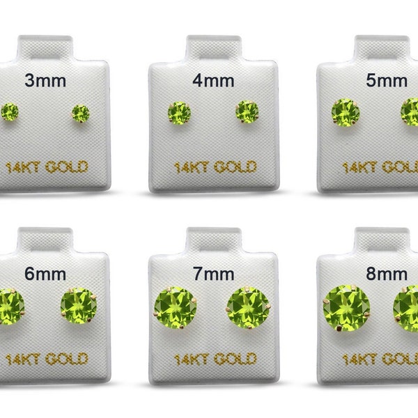 14k Solid Gold Round 3mm 4mm 5mm 6mm 7mm 8mm Peridot August Earring Stud Post Earring Tiny Solitaire Gift 14k Gold White & Yellow Gold