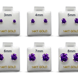 14k Solid Gold Round 3mm 4mm 5mm 6mm 7mm 8mm Amethyst February Earring Stud Post Earring Tiny Solitaire Gift 14k Gold White Gold Yellow Gold