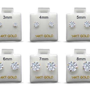 14k Solid Gold Round 3, 4, 5, 6, 7, 8mm Diamond CZ April Earring Stud Post Earring Tiny Solitaire Gift 14k Gold White & Yellow Gold