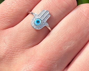 13 mm Hamsa & Evil Eye Ring Statement Thumb Band Ring 925 Sterling Silver CZ Ring Hamsa Evil Eye Shape Ring