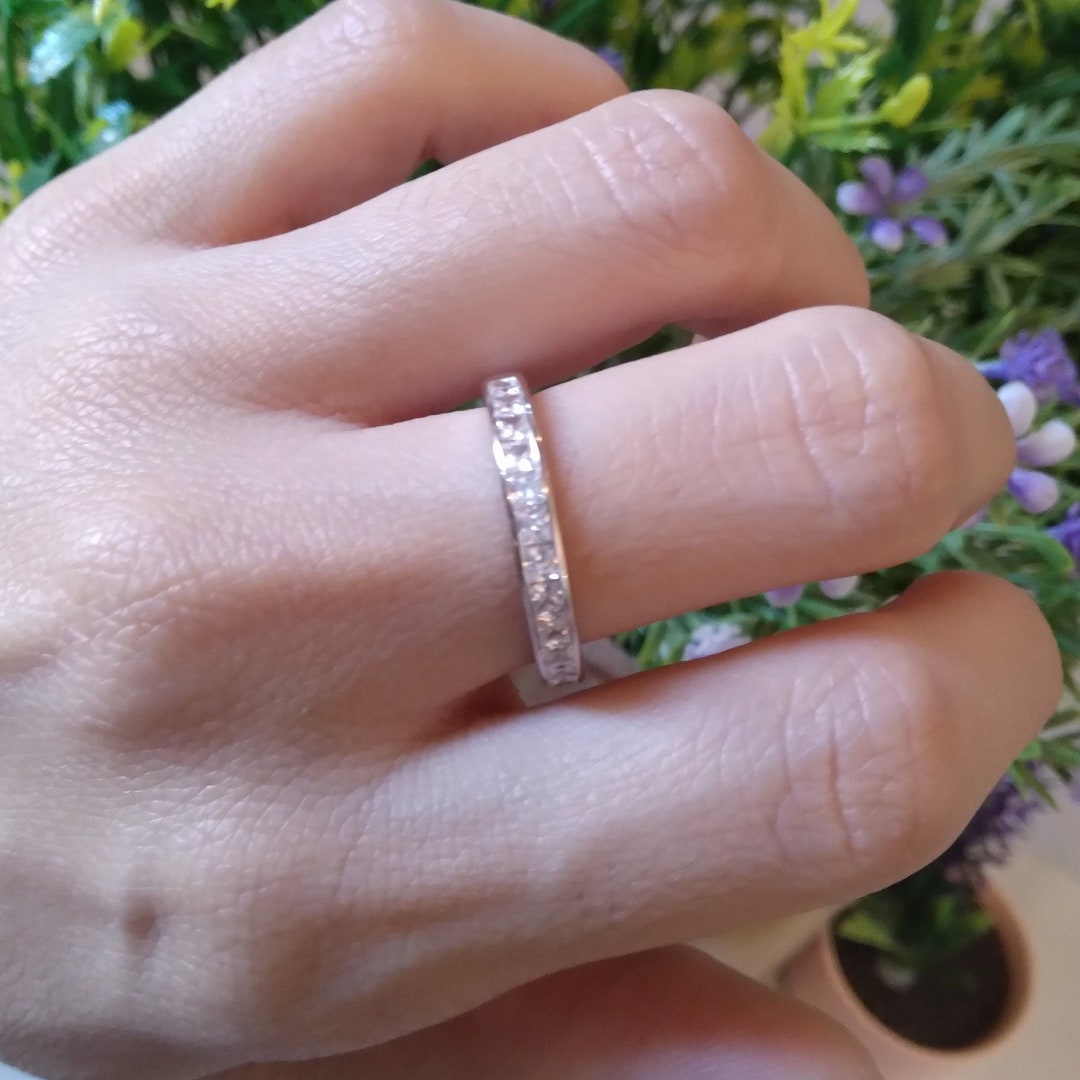 3mm Half Eternity Princess Cut Ring Engagement Wedding Band Trendy