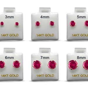 14k Solid Gold Round 3mm 4mm 5mm 6mm 7mm 8mm Ruby July Earring Stud Post Earring Tiny Solitaire Gift 14k Gold White & Yellow Gold