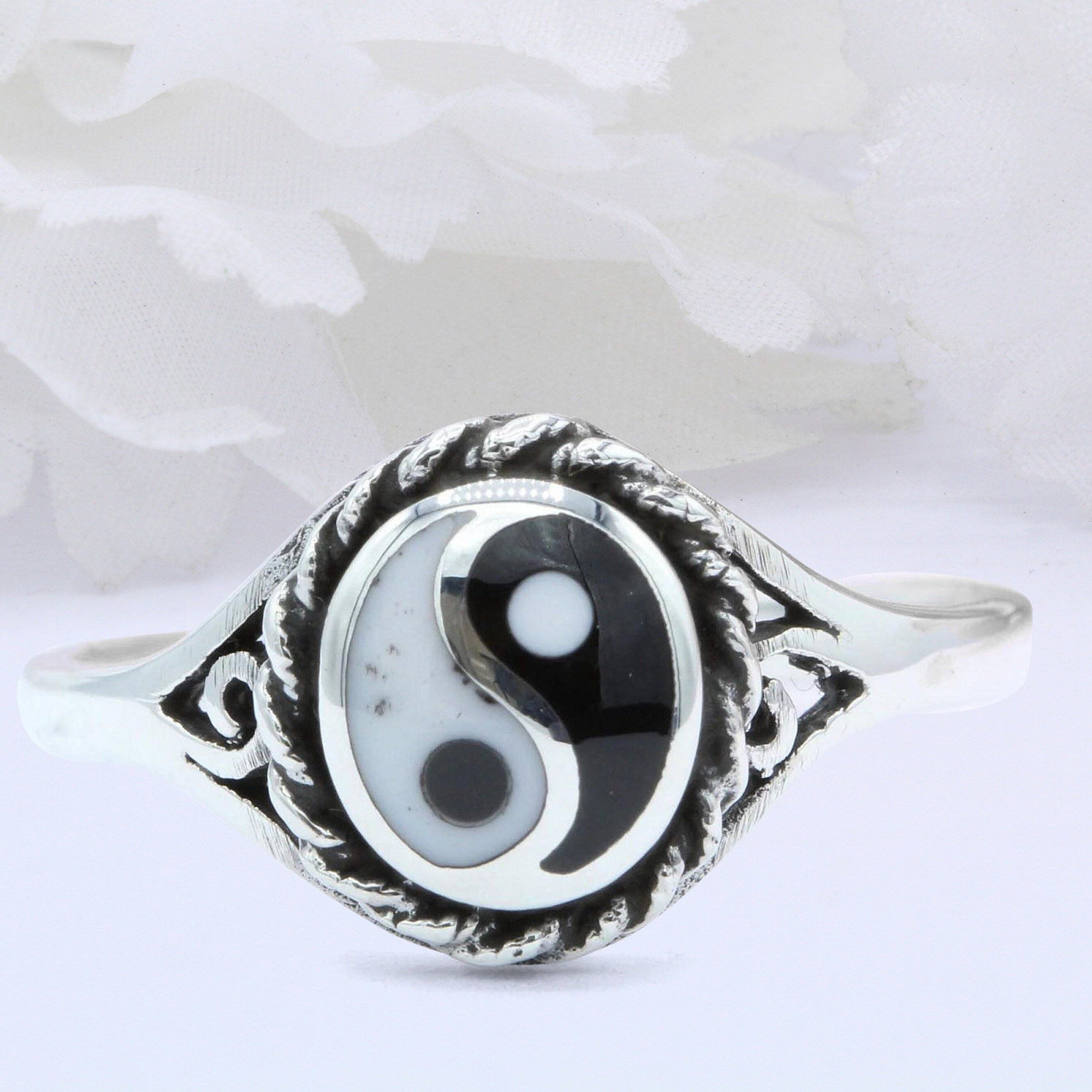 10.3mm Filigree Swirl Yin Yang Ring 925 Sterling Silver Band 