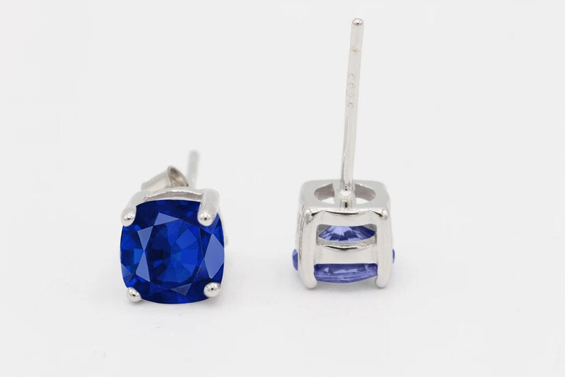 Cushion 3mm 4mm 5mm 6mm 7mm 8mm 9mm 10mm Blue Sapphire Stud Earring Solid 925 Sterling Silver Stud Post Earring Tiny Solitaire September image 2