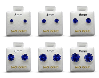 14k Solid Gold Round 3 4 5mm 6mm 7mm 8mm Blue Sapphire September Earring Stud Post Earring Tiny Solitaire Gift 14k Gold White & Yellow Gold