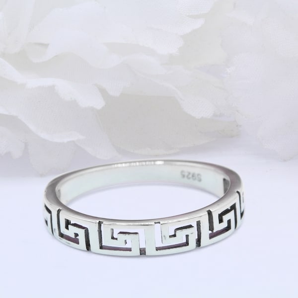 4mm Half Way Greek Key Spiral Ring Band Thumb Ring Trendy Band New Design Solid Band 925 Sterling Silver Celtic Black