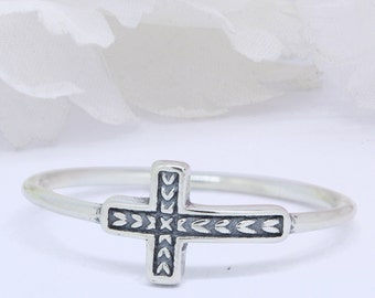 7mm Filigree Swirl Petite Dainty Textured Sideways Cross Band Ring 925 Sterling Silver Band Oxidized Textured Cross Shape Ring Thumb Ring